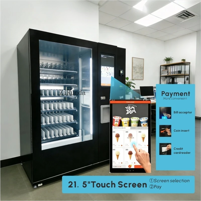 Smart electronic frozen food vending machines, deep freezing touchscreens, cloud management, automated retail