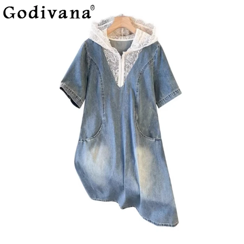Abito estivo in denim con giunture con cappuccio in pizzo elegante di grandi dimensioni Moda donna Abiti a trapezio a maniche corte con riduzione dell'età allentata blu