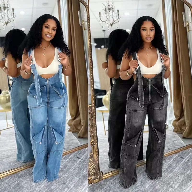 

Women Summer Fashion Loose High Waisted Denim Overalls One Piece Denim Multi Pockets Suspenders Overalls Casual Wide Leg Rompers