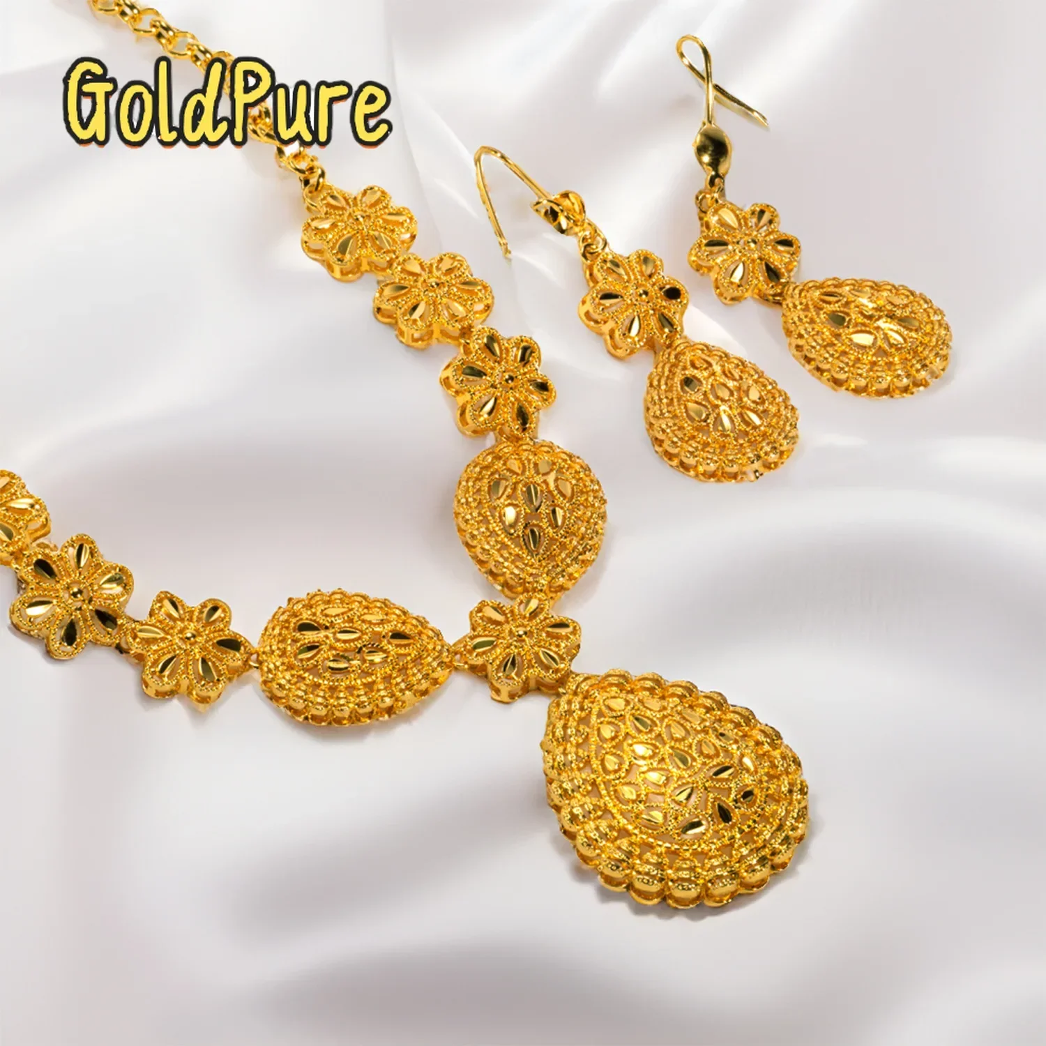 

Золотой комплект украшений Goldpure 9999 24K из настоящего золота: свадебное колье и серьги, индийские/дубайские украшения, комплект из двух предметов, в форме капли.