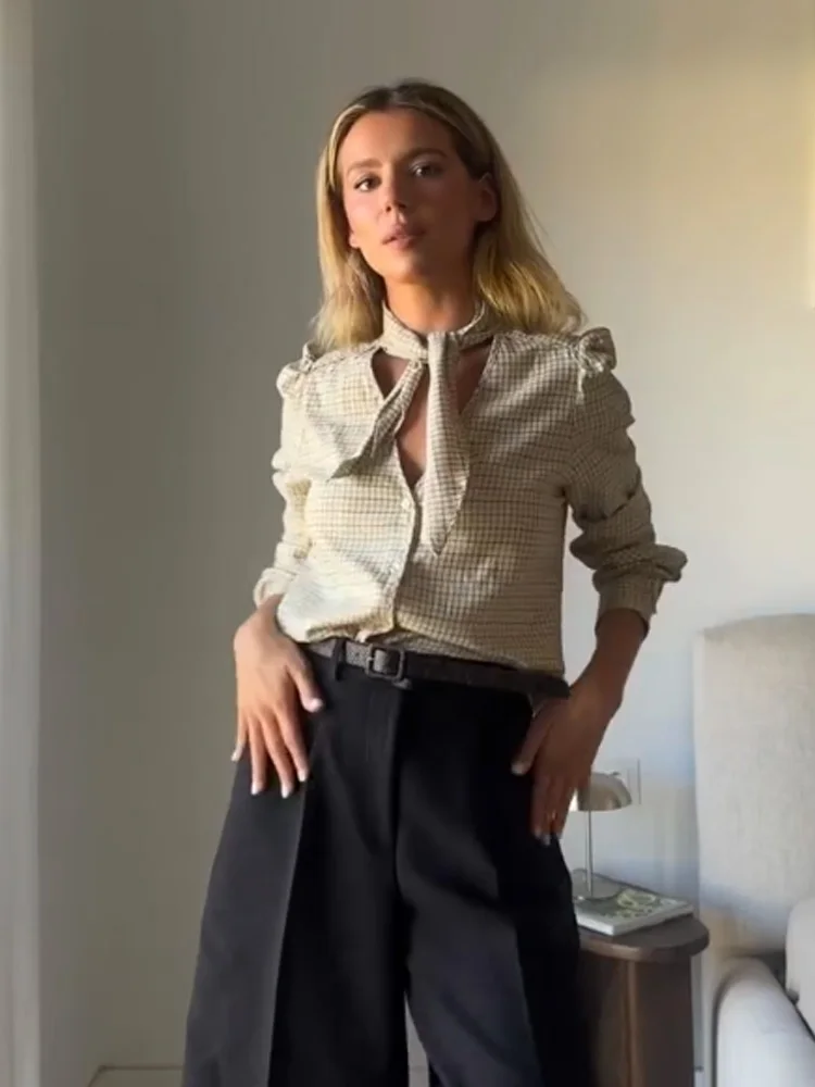 

HH Female Chic Slim Loose Leisure Plaid Blouse Shirt Women Fashion Long Sleeves Single-breasted Lapel Bow Decoration Shirt Top