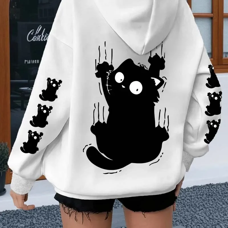 Scratch Cat Pattern Print Hoodies Autumn Winter Women Casual Fashion Funny Streetwear Pullover Long Sleeve Fleece Sweatshirts