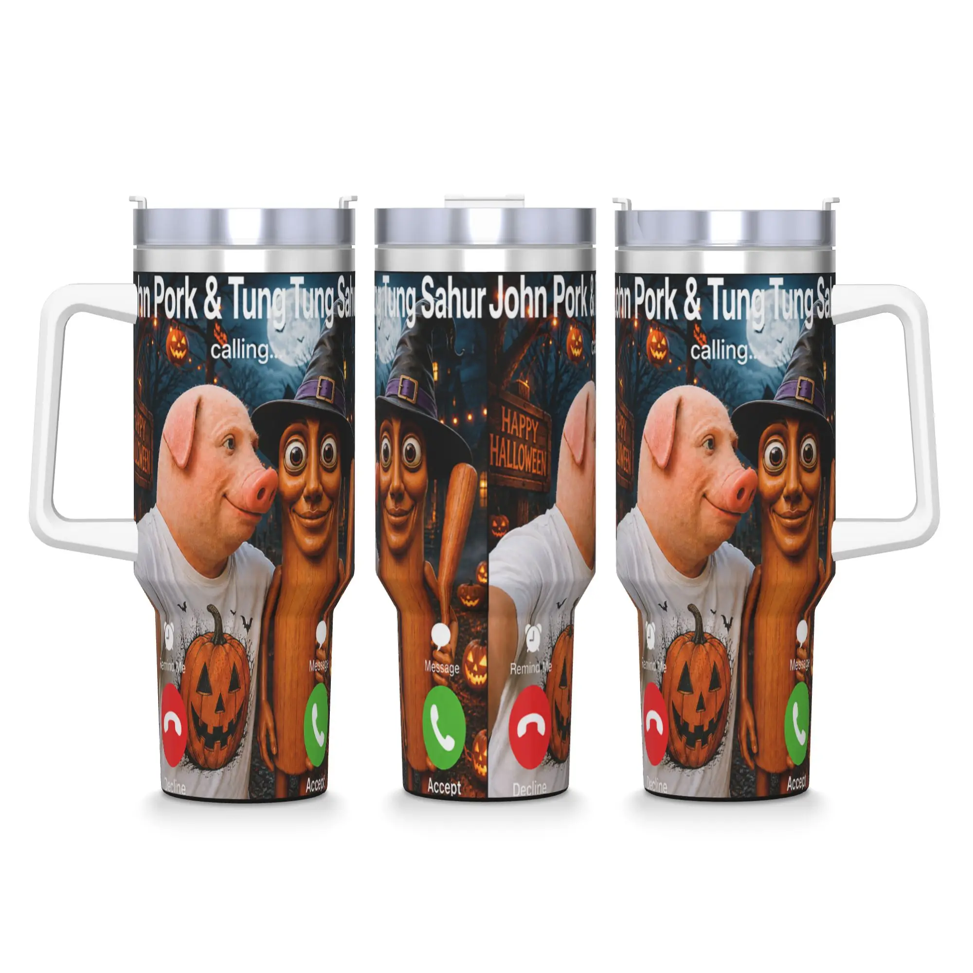 John Pork Tung Tung Sahur Calling Funny Halloween Brainrot Stainless Steel Tumbler  Travel Car Mugs Large Thermal Mug