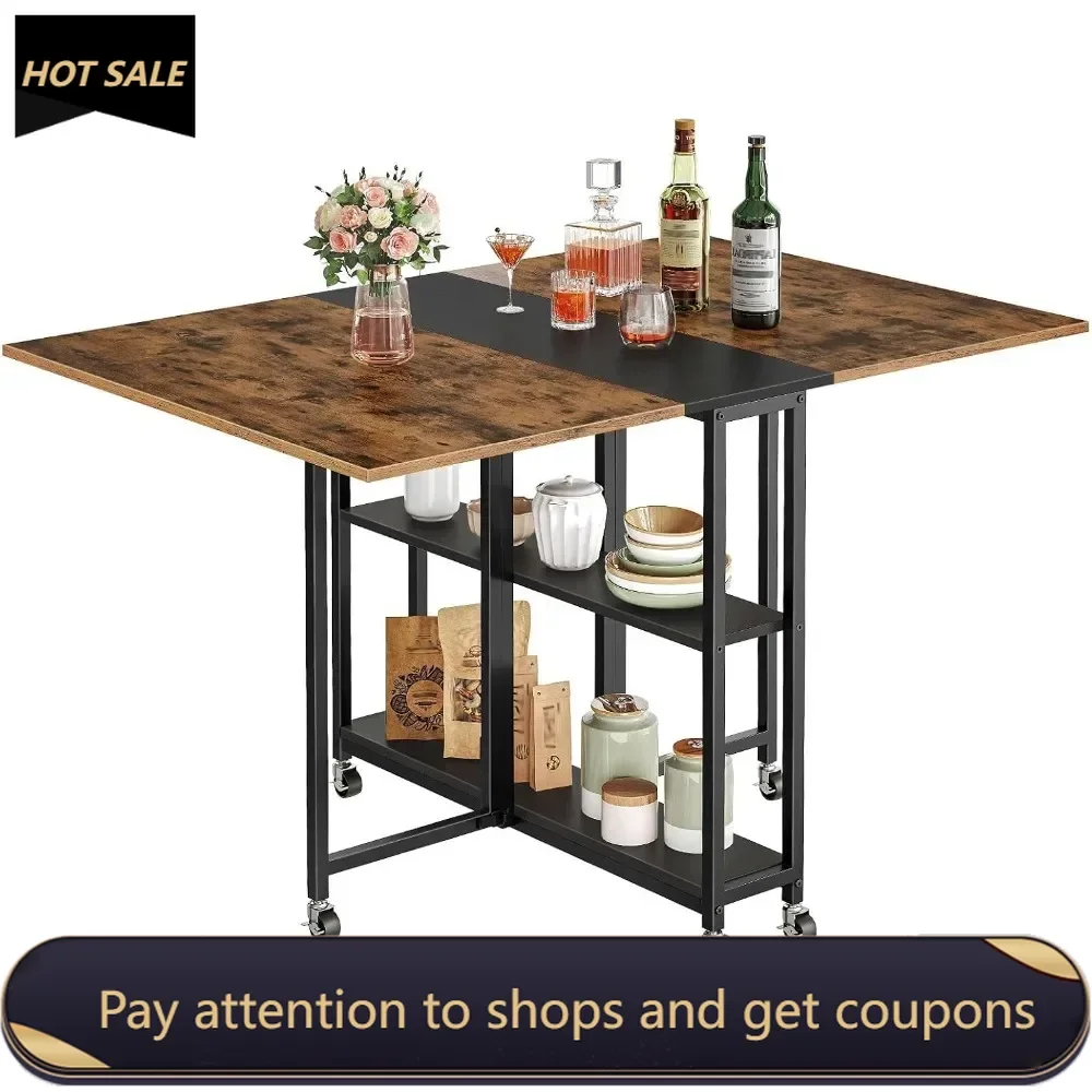 Folding Dining Table, Movable Dining Table, Expandable Kitchen Table，Versatile Table with 6 Wheels and 2-Tier Shelf，Rustic Brown