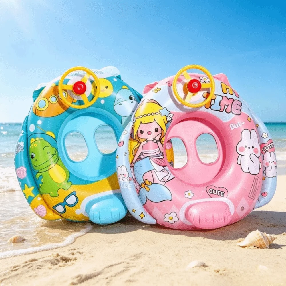 Pool Inflatable Swimming Float with Seat Cartoon Design Swimming Ring Floating Seat with Steering Wheel Pool Float Children