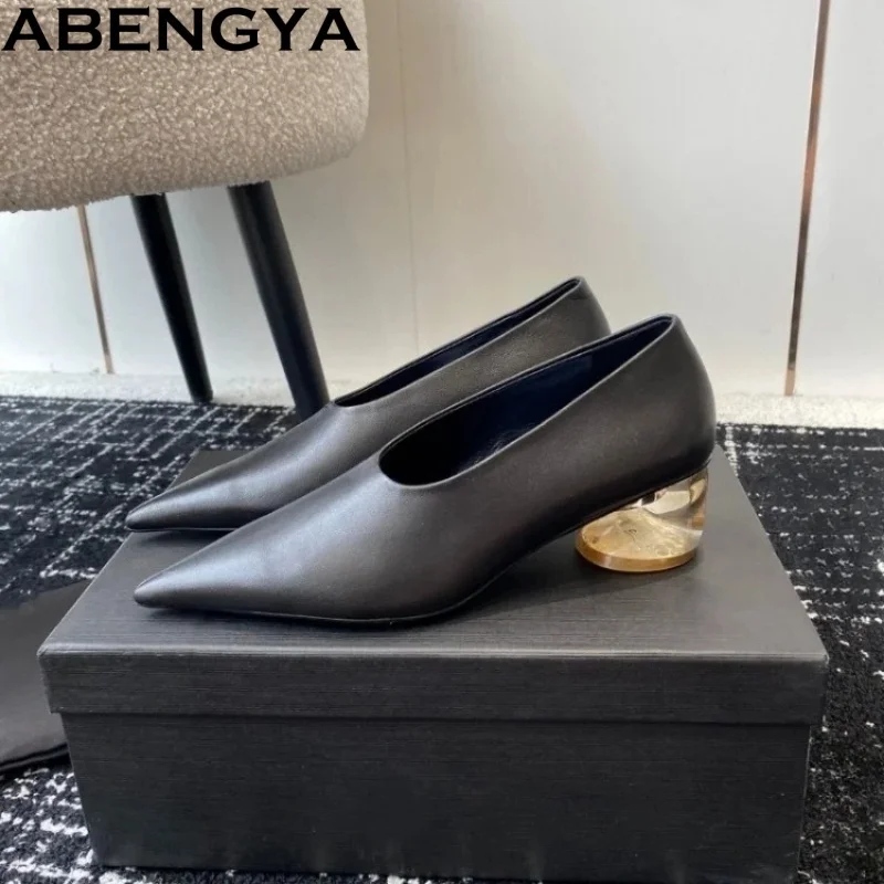 Spring Real Leather Crystal Heels Gladiator Shoes For Women Loafers Point Toe Comfort Modern Pumps Woman Marry Jean Shoes Woman