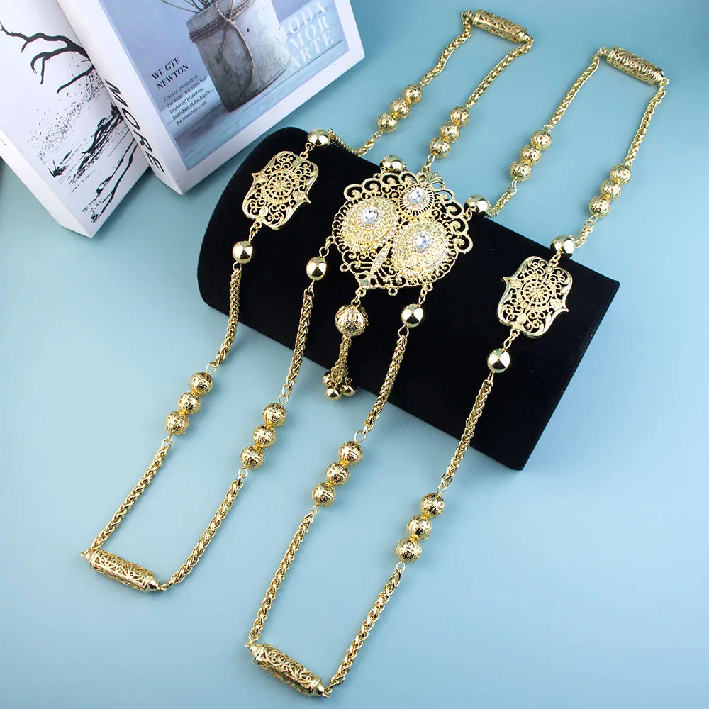 Sunspicems Chique Marokkaanse Bruid Lichaamsjuwelen Algeria Vrouwen Rug Schouderketting Goudkleur Arabische Bruiloft Sieraden Lange Ketting