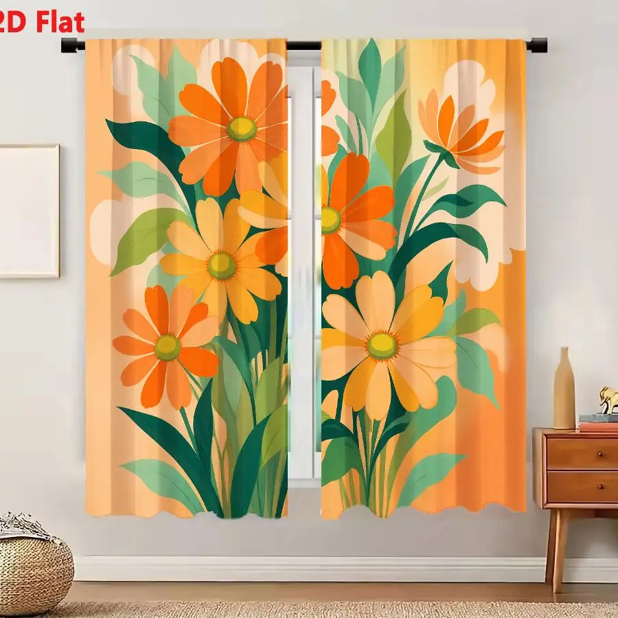 2Pcs Curtains 2D Flat Vibrant Daisy Bouquet With Green Leaves On Peachy Orange Background Window Drapes for Bedroom Room Decor D