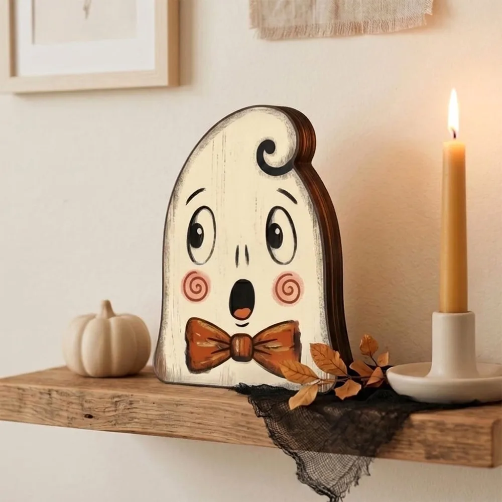 Cartoon Halloween Wooden Tabletop Sign Farmhouse Style Double Sided Pattern Ghost Pumpkin Owl Ornaments Hand Painted Integrated