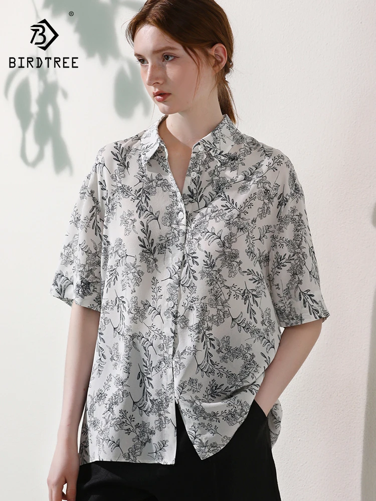 BirdTree, 16MM 100%Real Silk Elegant Shirt, Women Short Sleeve Print, French Vacation Casual Blouse, 2024 Summer Autumn T49581CC