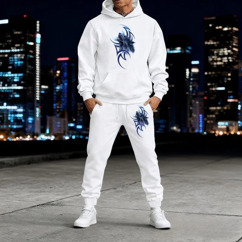 بدلة رياضية كاجوال بغطاء للرأس من القطن للرجال - سروال صالة مكون من قطعتين برسومات الخريف وجيب ناعم ملابس رياضية حضرية للجري في الهواء الطلق يوميًا #1