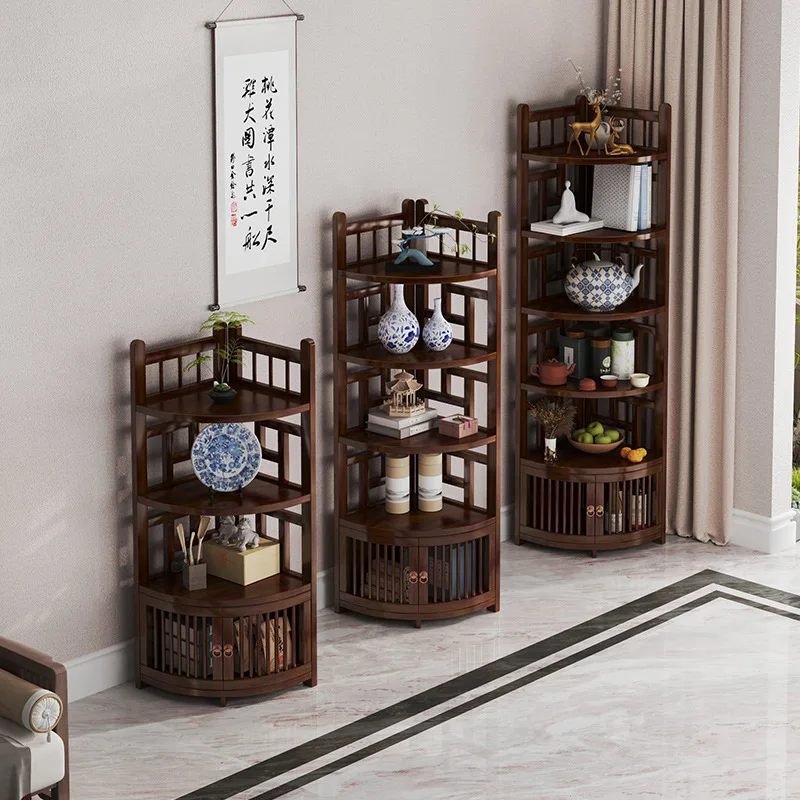 Solid Wood Corner Display Cabinet, New Chinese Style Multi-Tier Storage Shelf for Living Room