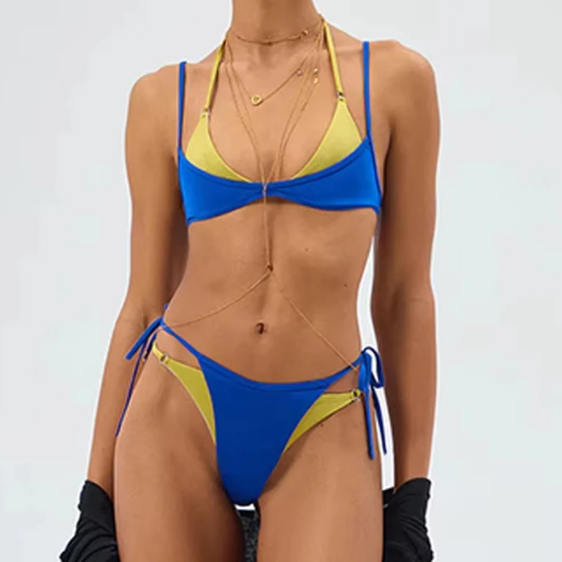 Contrast Fashion Sexy Contrast Bikini Set Double Triangle Hanging Neck Side Strap Thong Two-piece Summer Beach Swimsuit Women