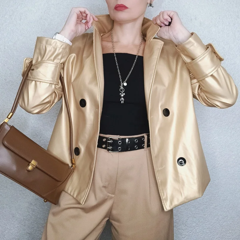 Modigirl Herbst Winter Gold Faux Leder Jacken Frauen 2024 Neue Outwear Lange Ärmel PU Leder Kurze Mäntel Outwear für Weibliche