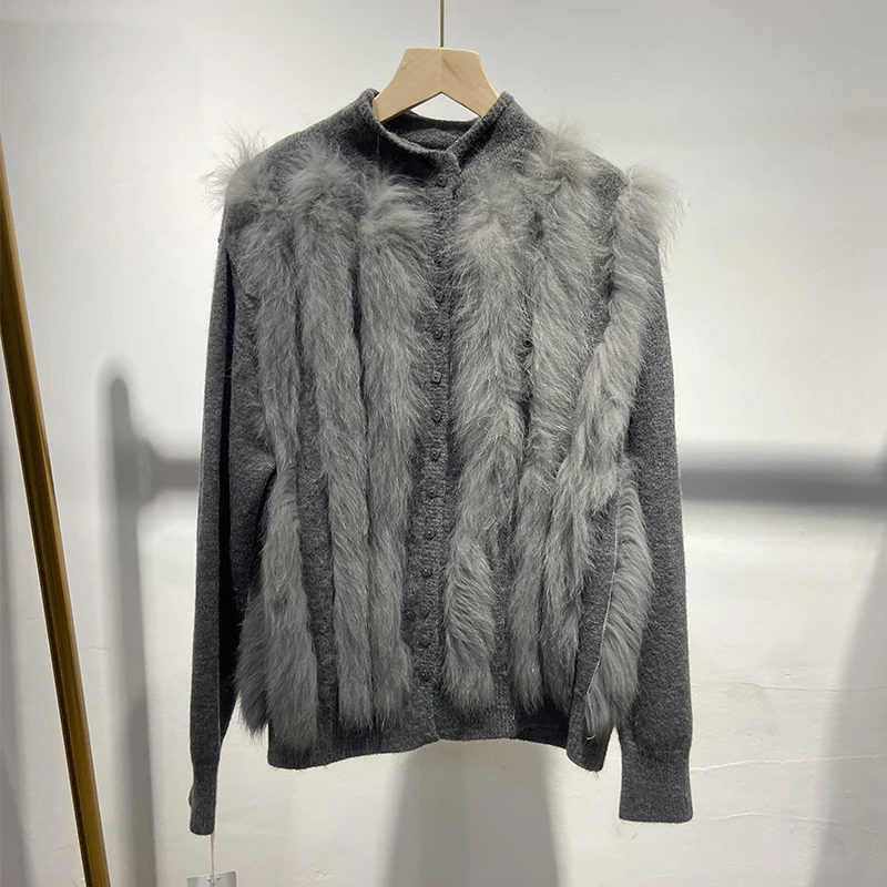 

2025 зимний женский темно-серый свитер из натурального лисьего меха, фиолетовый, осенняя вязаная куртка из натурального меха