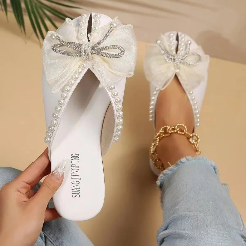 Summer Women\'s Closed Toe Flat Slippers 2023 New Fashion Bowknot Beading Casual Slides Shoes for Women Outdoor Ladies Sandals