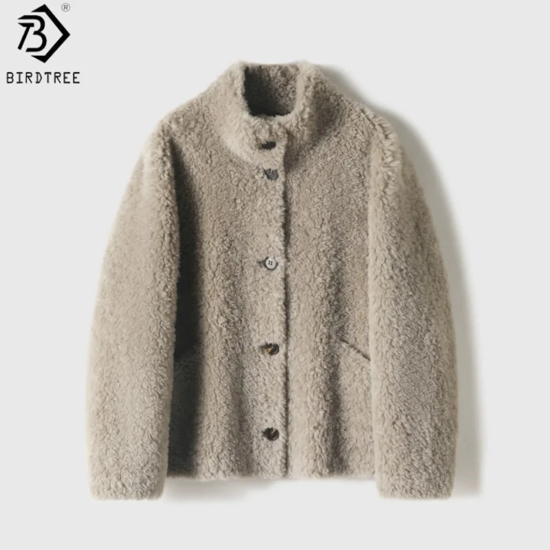 Birdtree, 100% Sheep Wool Coat, Single Breasted, Woman's Stand Collar Full Sleeve Jacket, 2026 Autumn Short Overcoat T67035JF