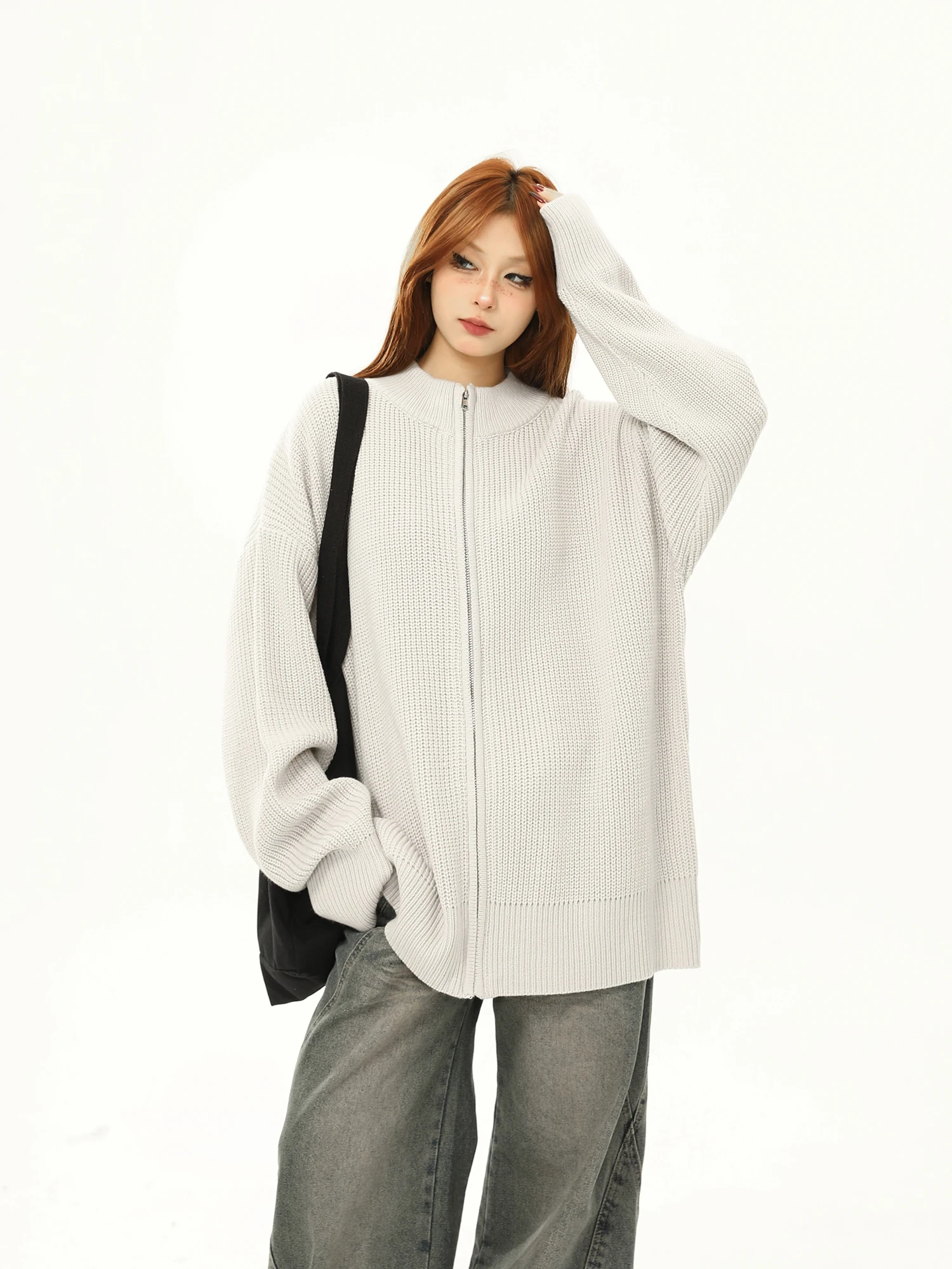 

Wild Original American Retro Zipper Open Cardigan Sweater Loose ex Color Knitted Outerwear Street Sle Long Sve