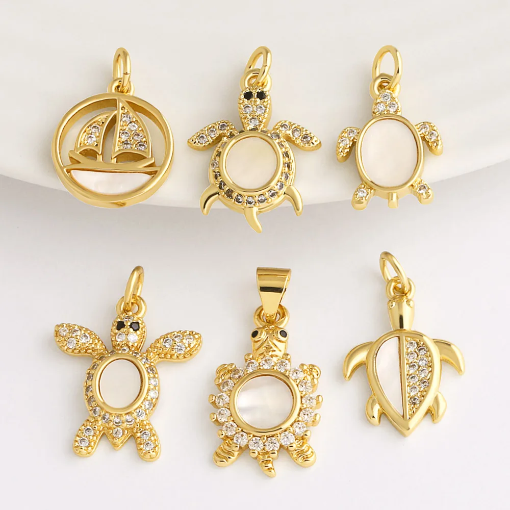 OCESRIO White Crystal Shell Lucky Turtle Charm for Bracelet Copper Gold Plated Ship Handmade Jewelry Making component chma542
