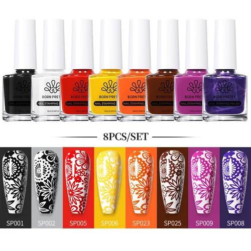 BORN PRETTY-Juego de esmalte de uñas estampado, 10ml, Color dorado, plateado, negro y blanco, esmalte de impresión de uñas DIY para barniz de diseño de placa de uñas