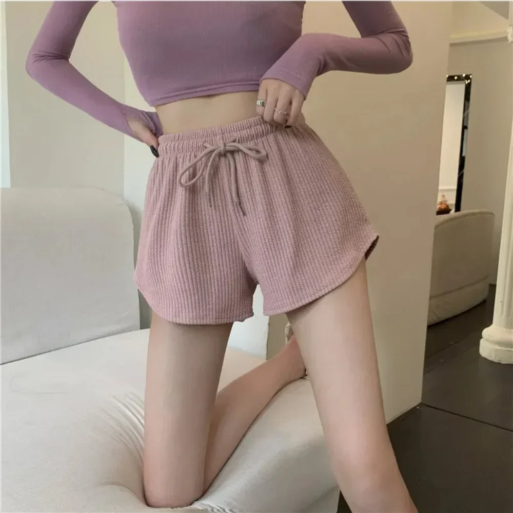 High Elastic Women Shorts Summer Lace Up Drawstring Wide Leg Sweat Short Fitness Running Shorts Loose Casual Large Sports Shorts