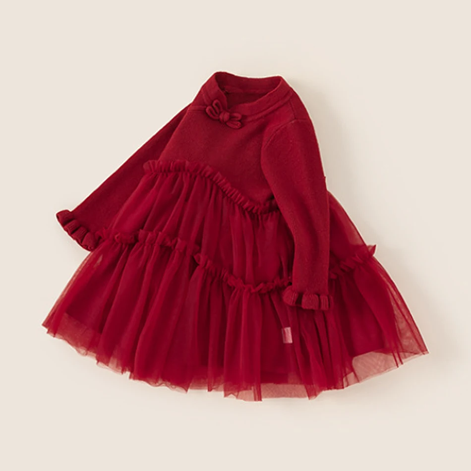 

Новогоднее красное сетчатое платье-свитер для маленьких девочек, однотонные платья на пуговицах в китайском стиле с лягушкой, детская праздничная одежда с длинными рукавами