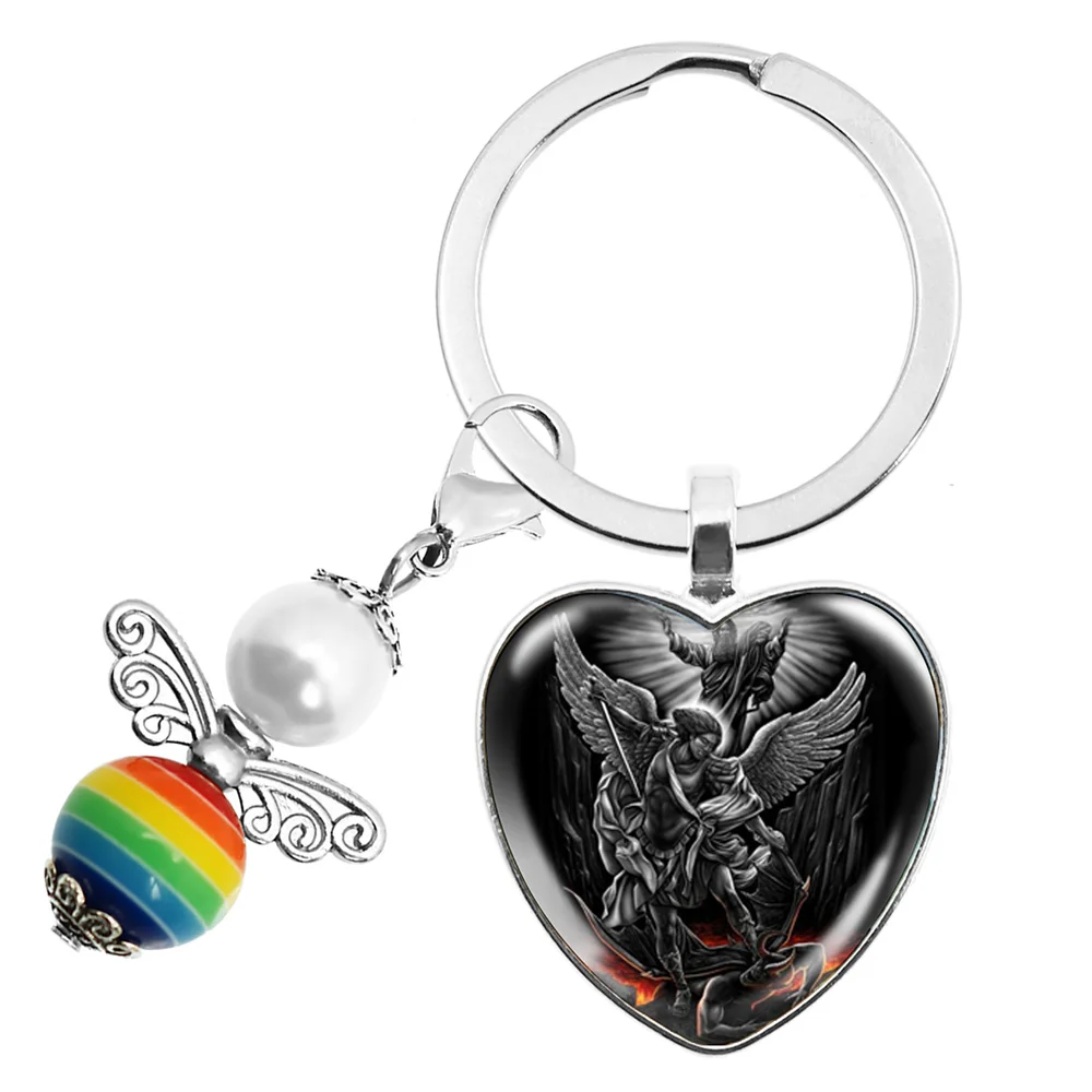 Popular Peach Heart Keychain Archangel St.Michael Protect Me Saint Shield Protection Charm Russian Keyrings Jewelry For Holy