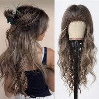 ALAN EATON Brown Highlight Long Wave Wigs for Women Synthetic Wig with Bangs Ombre Mixed Color Natural Looking Hair for Daily