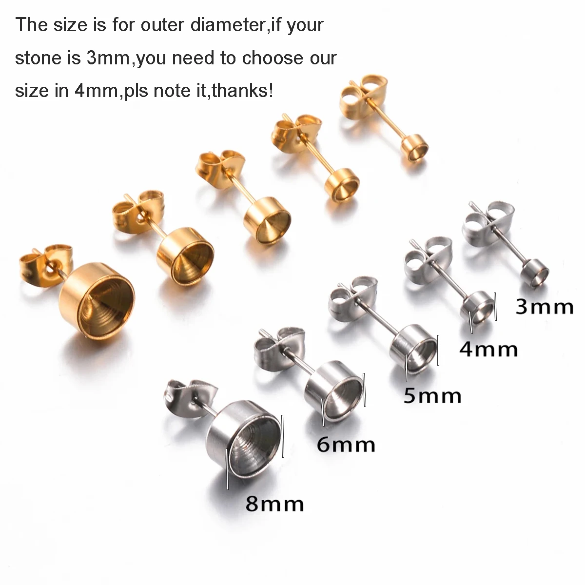 Großhandel 30 Stück/lot Edelstahl Blanko-Ohrstecker 3/4/5/6/8mm Basis für Strass DIY Schmuck – Detail 1