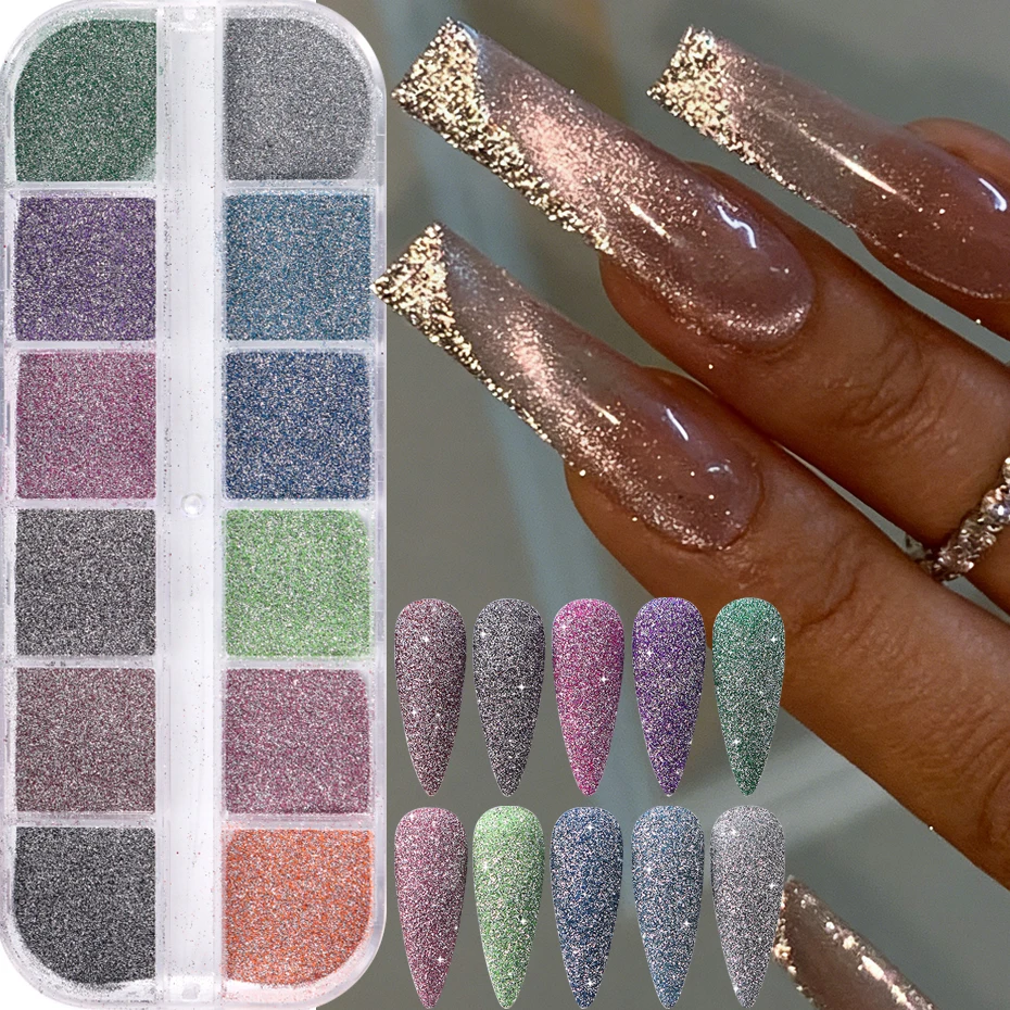 

Набор из 12 оттенков светоотражающей пудры для ногтей: блестящие, яркие цвета (серебро, фиолетовый, синий), пигменты, глиттер, украшения для маникюра