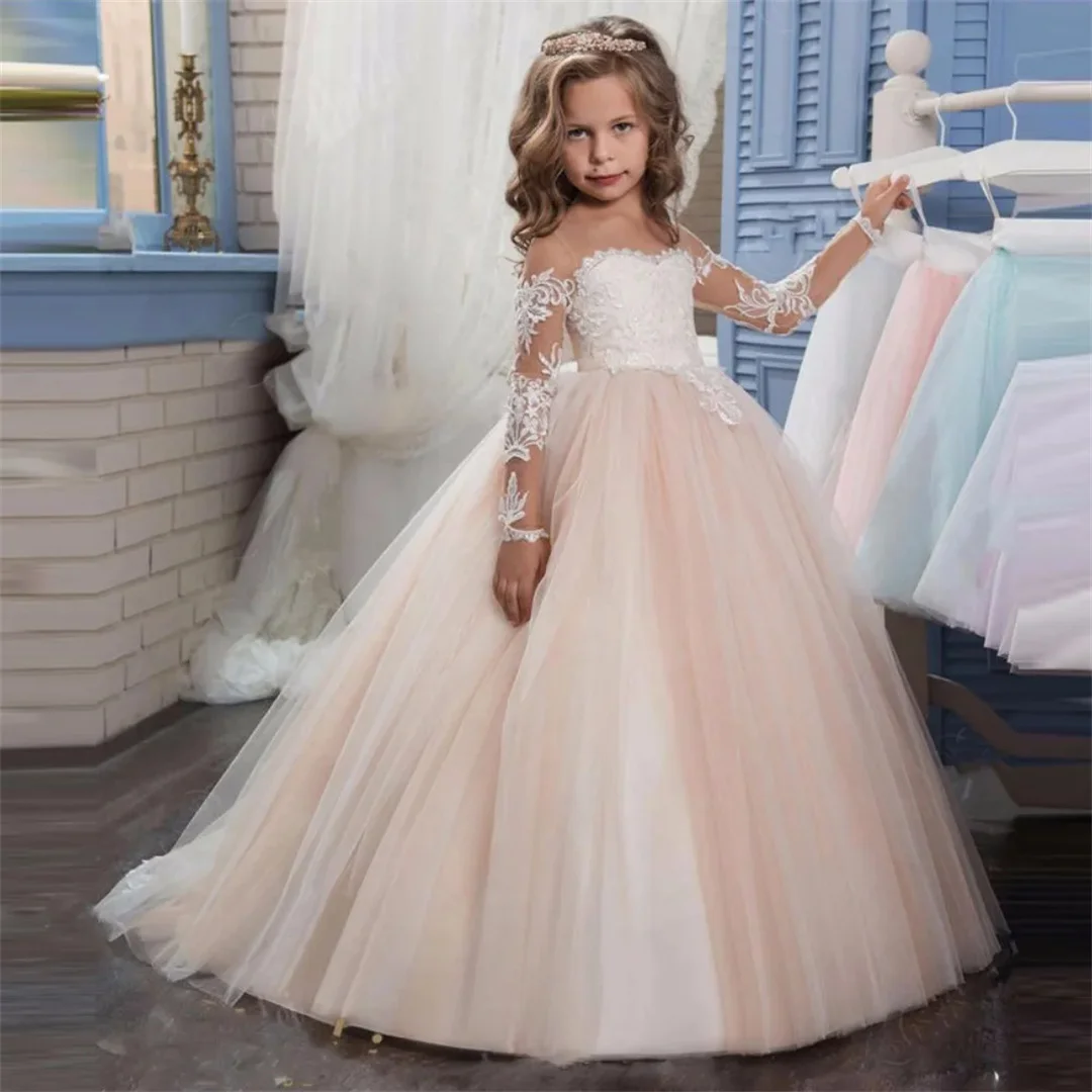 Maßgeschneiderte Blumenmädchenkleider Hellrosa Tüll Weiß Applikationen Langarm für Hochzeit Geburtstag Party Heilige Kommunion Kleid