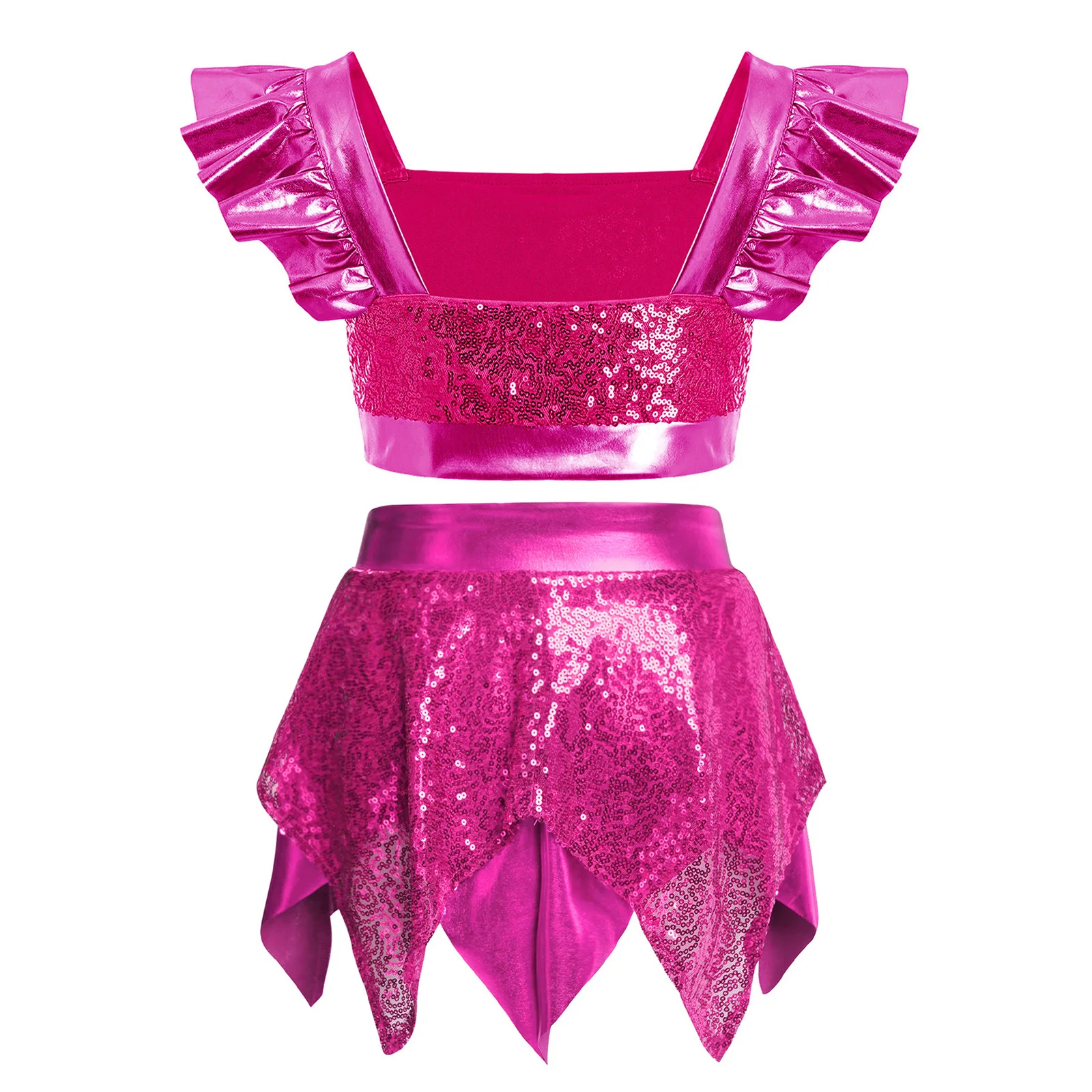 Girls Hip Hop Jazz Dance Cheerleading Costume Metallic Shiny Sequin Ruffled Sleeve Crop Top with Skirt Built-in Briefs Dancewear