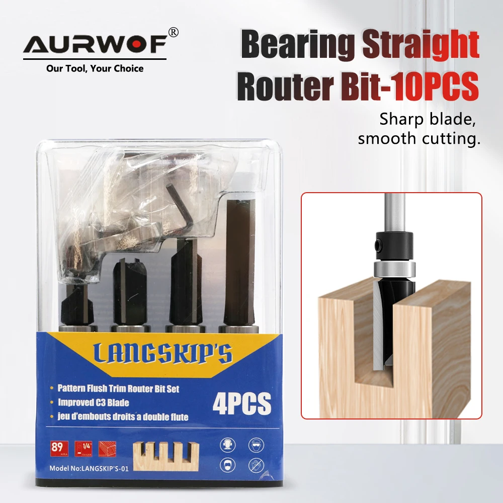 

AURWOF LAVIE 1/4' Shank 10pcs Set Pattern Router Bits Woodworking C07013T10ABK