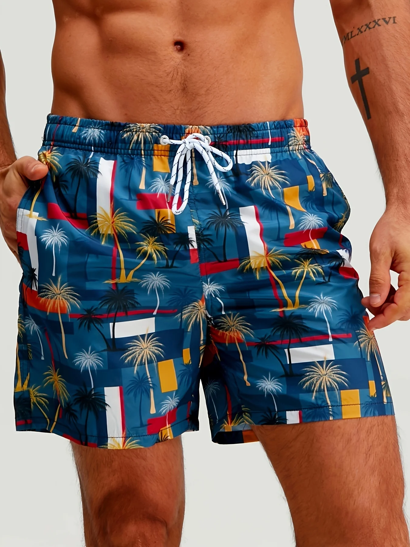 Shorts de plage pour hommes à imprimé palmiers tropicaux, maillots de bain d'été à séchage rapide avec poches, shorts de bain décontractés géométriques colorés