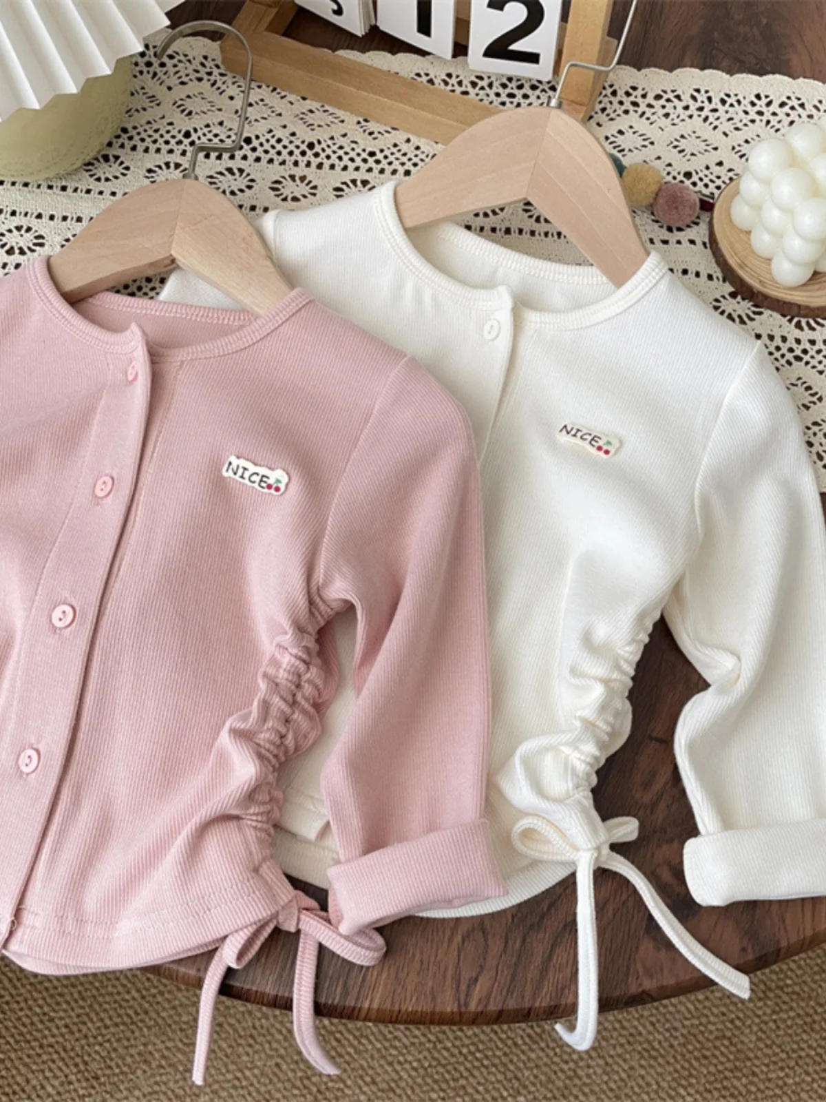 

Korean Style Drawstring Casual Long Sleeve T-Shirt Cardigan White Simple Spring Autumn New Arrival Children's Wear Cotton Blend