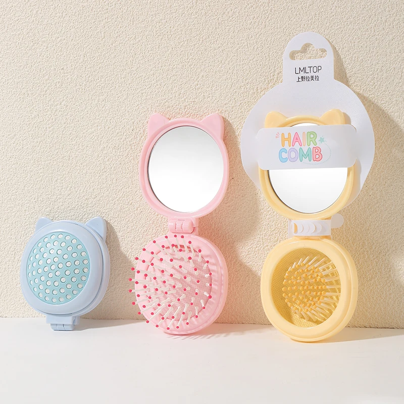 1 stück Cartoon Katze Nette Runde Falten Make-Up Spiegel Kamm Set 2-in-1 Mini Kleine Tragbare handheld Touch-up HD Eitelkeit Spiegel