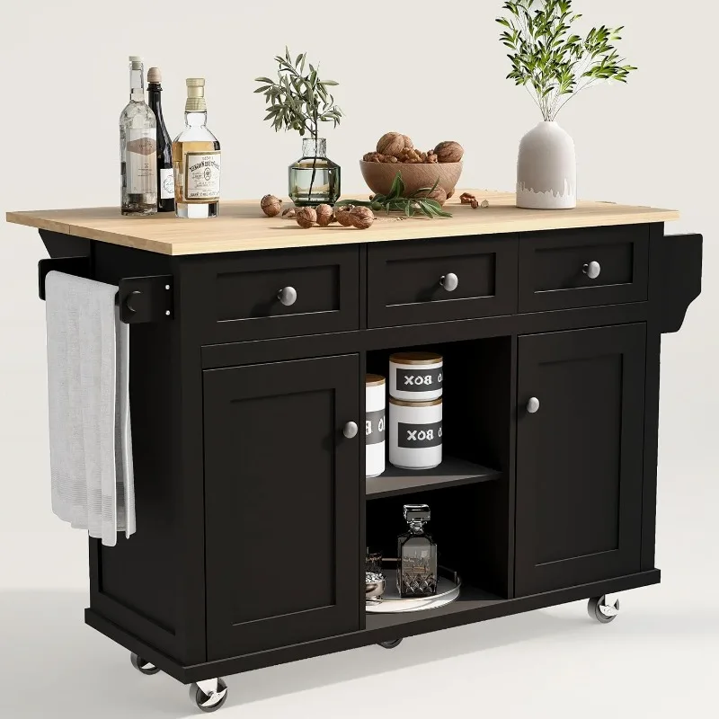 

Kitchen Island Cart with Rubber Wood Drop-Leaf, Kitchen Island on 5 Wheels with Open Shelves, 3 Drawers and Storage