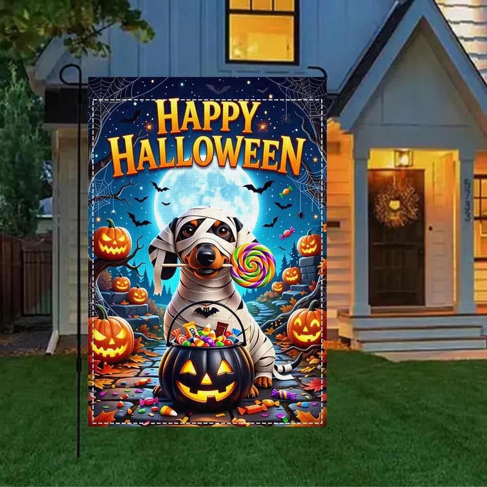 1pc Happy Halloween Mummy Dachshund Garden Flag, double sided print, suitable for patio and outdoor holiday decorations (pole no