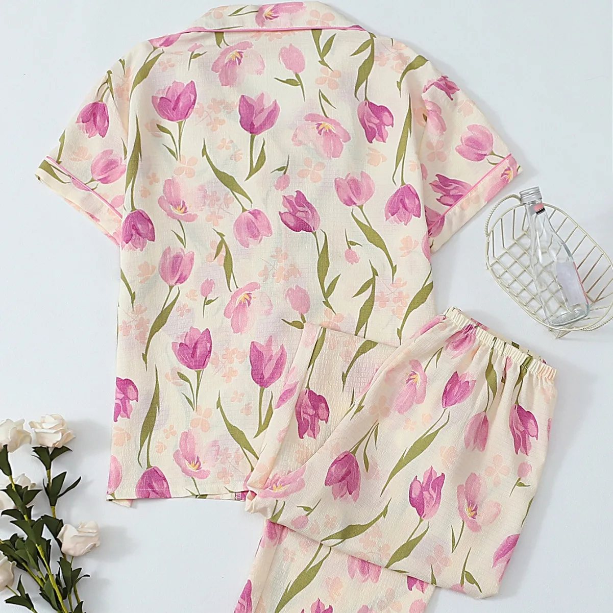Bubble Wrinkled Floral Cardigan Pajamas Set Tulip Printed Pajamas Women Short-sleeved Trousers Breathable Casual Loungewear Set