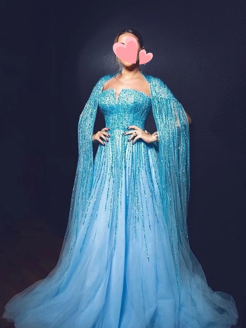 ชุดราตรีออกงาน Oisslec ดีไซน์หรูหราสไตล์วินเทจ สีฟ้าหวาน ประดับลูกปัดวิบวับ พร้อมผ้าคลุมไหล่สุดเซ็กซี่ ทรงเอไลน์ เหมาะสำหรับงานพรอมหรืองานเลี้ยงตอนเย็น