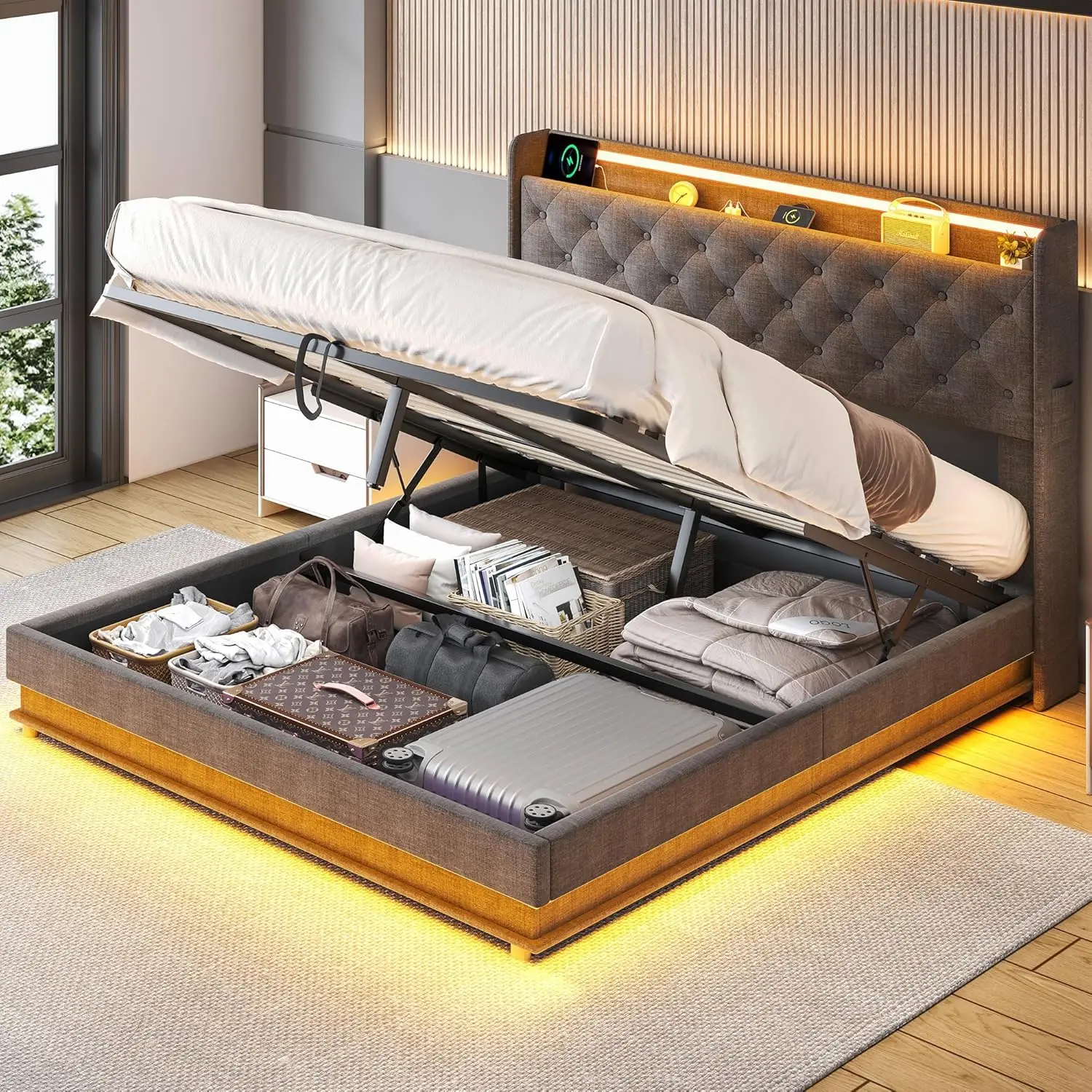 Lift Up Opslag Queen Bed Frame Met Hoofdeinde, Led Verlichting, Queen Bed Met Knop Getuft Hoofdeinde, Geen Boxspring Nodig, Grijs