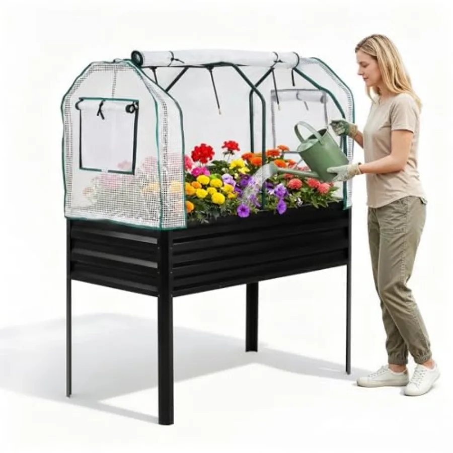 Galvanized elevated raised garden bed with legs for backyard patio balcony use, green metal planter box with greenhouse cover a