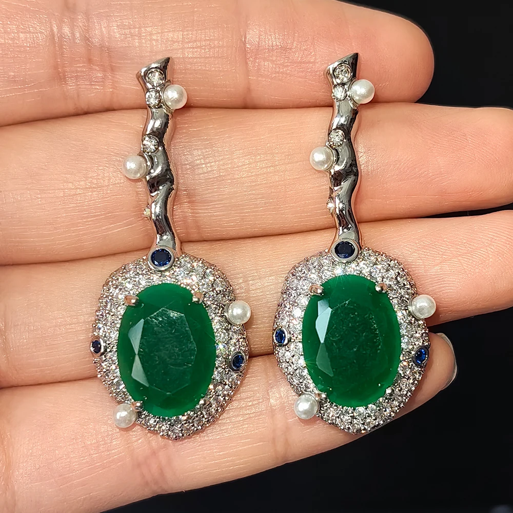 

zirconia earrings green water drop pendant shiny silver color luxury jewelry vintage wedding evening party elegant earrings