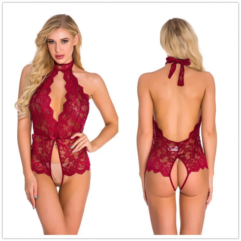 Open one-piece sexy underwear lace deep V lace-up sexy sexy pajamas