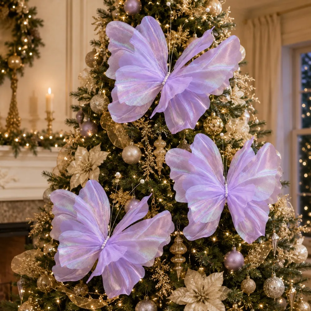 3 große hängende Weihnachtsschmetterlingsdekorationen, synthetische Schmetterlinge mit Laserglanz, Weihnachtsbaumschmuck – Detail 6
