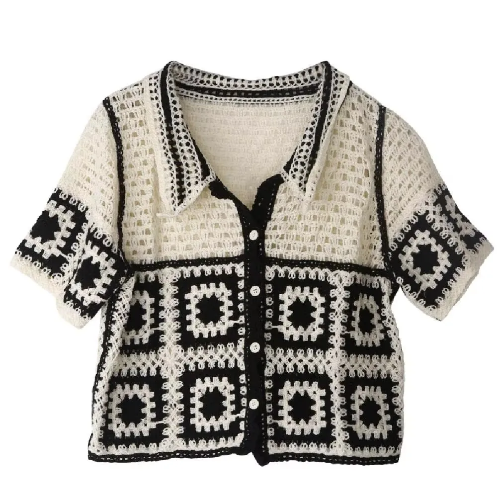 Striped Crochet Vest Top Collared Button-up Short Sleeve Sheer Crop Knit Top Cardigan Women Teengirl Fairycore Vintage Outfit