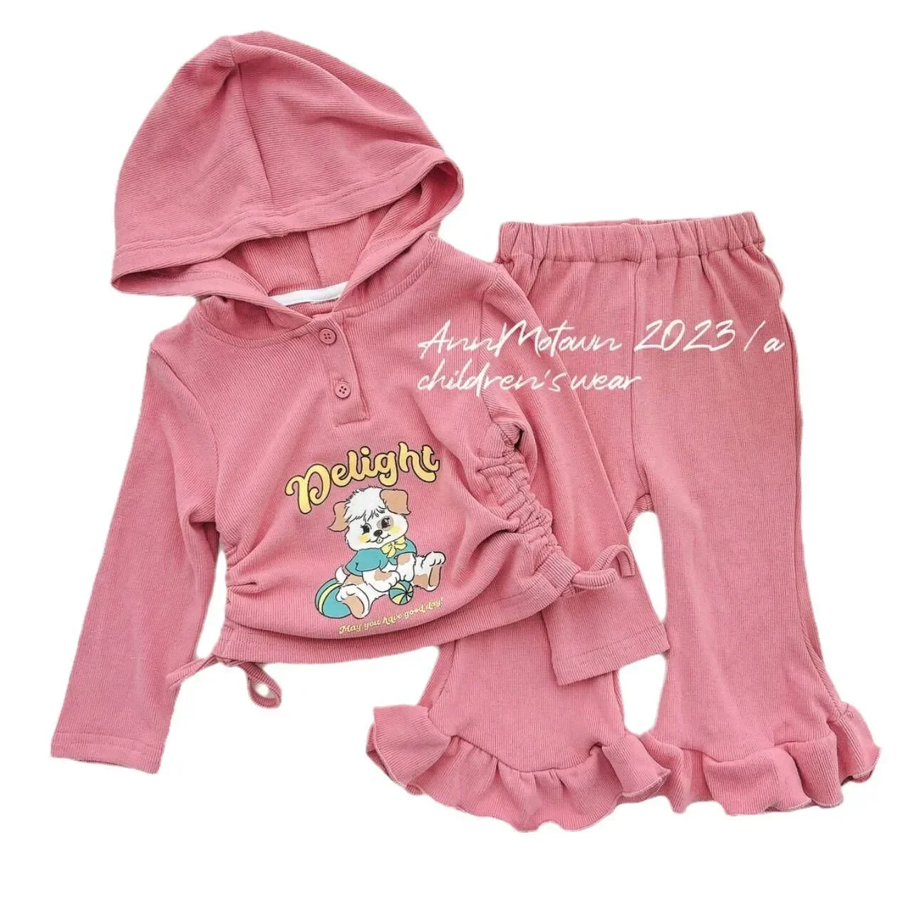 

Baby Girls Clothes Spring New Korean Version Suit Waist Hooded Cartoon Sweatshirt Children's Clothes Pullover Wide Leg Pants Set