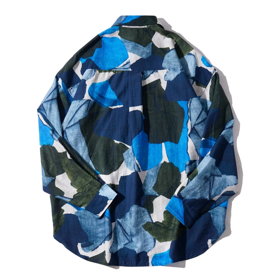 Blue lyocell retro Japanese-style versatile Hawaiian port style loose men's Baroque long-sleeved floral shirt