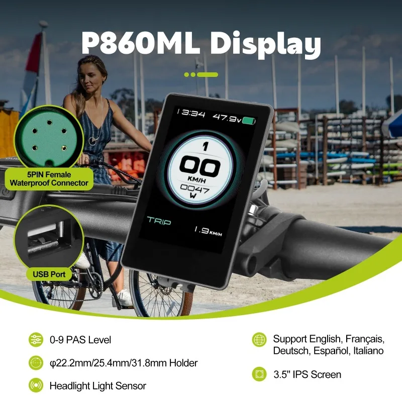 P860ML LCD monitor, used for 36v/48v color displays on electric bicycles, with USB port and 5-pin female connector