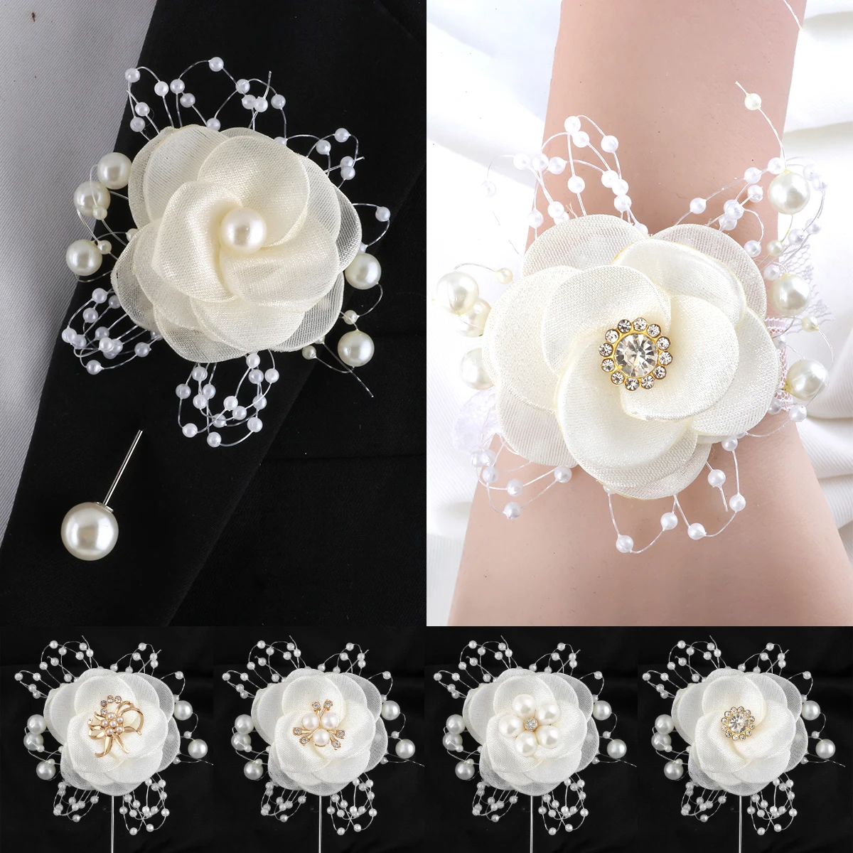 Wedding Bridesmaid Groom Cream imitation camellia pearl Rhinestone corsage Wrist flower set Wedding party accessories XH714A